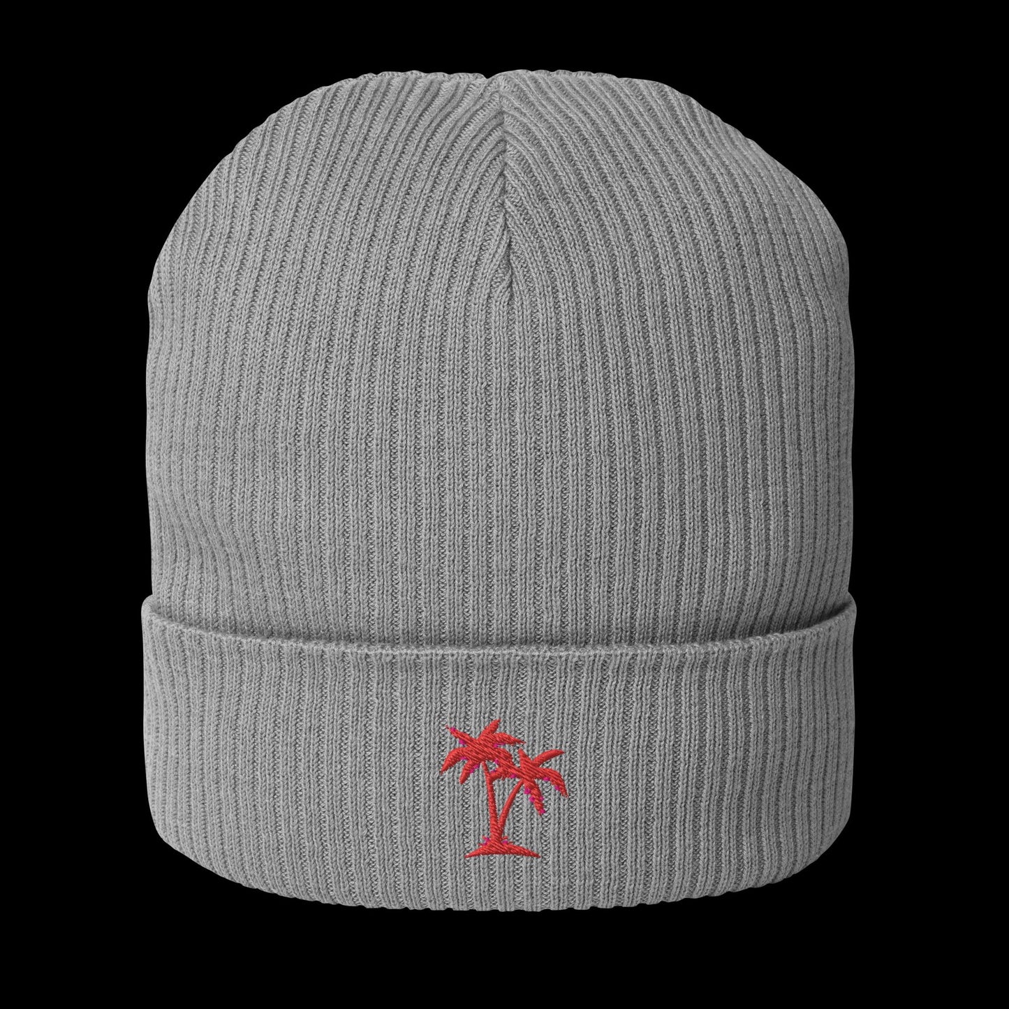 Red palm tree on gray beanie winter beach wear